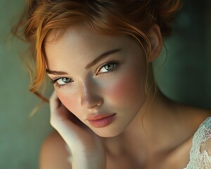 a stunning portrait of a young woman with ginger hair and expressive green eyes, showcasing natural 