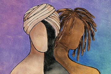 Diversity embrace. Two people of different cultures embrace, highlighting unity and acceptance.