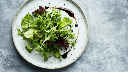 Minimalist salad arrangement with balsamic vinegar drizzled delicately over a few greens, on a matte white plate against a grey background