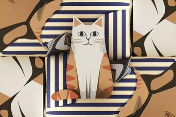 Wall Mural - Cat striped pattern. A white cat sits on a striped background, blending in with the pattern.  The cat's fur is white with orange accents.