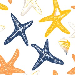 Sticker - Sea star, seashell, summer, beach, ocean, pattern, abstract, yellow, orange, blue