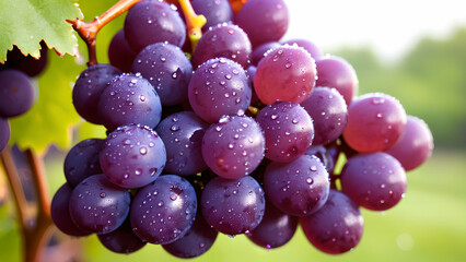 grapes: a close-up shot of a cluster of deep purple grapes, each grape covered in tiny droplets of m