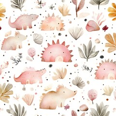 Wall Mural - Cute Watercolor Dinosaur Pattern