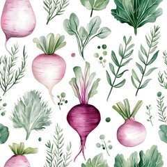 Wall Mural - Watercolor Radishes and Herbs Seamless Pattern