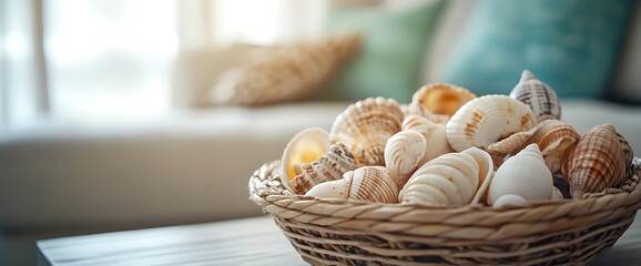 Wall Mural - A wicker basket filled with seashells sits on a white table in front of a couch.