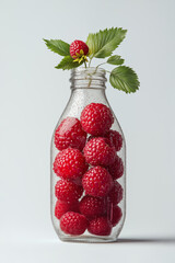 Glass bottle with fresh raspberries and leaves isolated on white background. Creative concept of summer fruits conservation, organic farm product, agriculture, raw food diet.