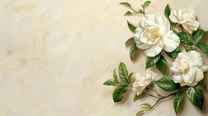 Beautiful white flowers with green leaves against a soft beige background, perfect for floral designs and nature themes.