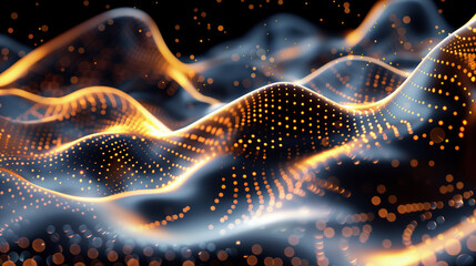 Wall Mural - energy of fractal. Abstract gold particles, soft bokeh lights. festive or celebratory mood. glowing orange gold digital particle waves flowing on a dark background, creating an abstract and futuristic