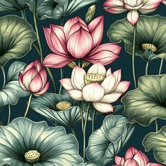 Sticker - Pink and White Lotus Flowers with Green Leaves on Teal Background