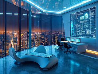 Wall Mural - A futuristic office with a large monitor on the wall and a white couch. The room is lit up with blue lights and has a modern, high-tech feel