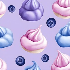 Sticker - Watercolor Seamless Pattern with Purple and Blue Meringues and Blueberries