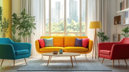 Mid century, scandinavian interior design of modern living room with vibrant colorful multicolored furniture