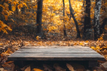 Wall Mural - Wooden board on a forest background with autumn foliage background For display or montage products with generatve ai