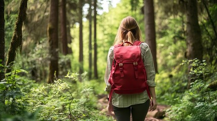 Wall Mural - A woman with a red backpack goes hiking in a forest during springtime. She is enjoying nature and exploring the woods.