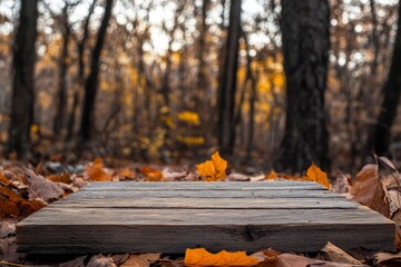 Wall Mural - Wooden board on a forest background with autumn foliage background For display or montage products with generatve ai