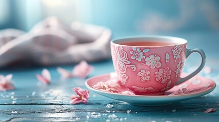 Floral tea cup with pink accents and a saucer on a blue surface.