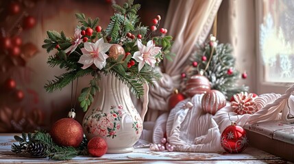 Wall Mural - Holiday-themed still life showing a vase with fir branches and Christmas ornaments on a window, with delicate light pouring in.