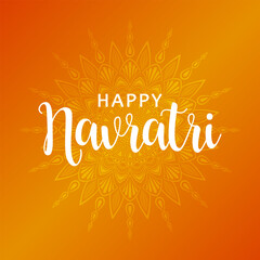 White text Happy Navratri on the background of abstract floral mandala. Festive design for greeting card or poster for hindu celebration Navratri.