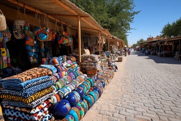 A vibrant marketplace at the edge of an oasis, where traders sell their wares, and travelers stop to refresh themselves before continuing their journey