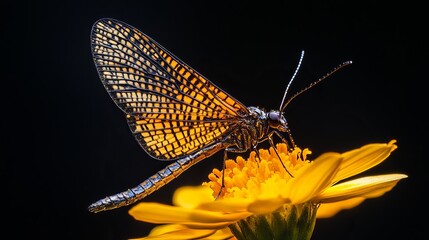 An elegant insect with beautiful wings known as a nemoptera bipennis perches on a bright yellow flower. The insect's wings have intricate patterns, and the background is black.