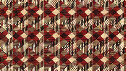 Bold geometric patterned fabric with red, black, and cream colors in a checkered design