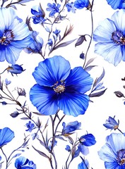 Sticker - Watercolor Blue Flowers Seamless Pattern