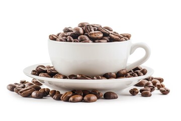 Poster - A cup filled with coffee beans sits on a saucer, ready for brewing