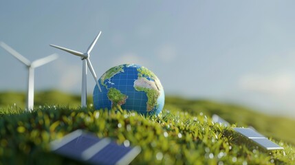 Globe showcased with icons of alternative energy such as wind and solar power against a fresh green backdrop. Close-up photo with clean background