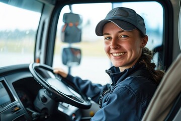 Poster - A happy woman driving a truck with a big smile on her face, suitable for use in advertising or promotional materials