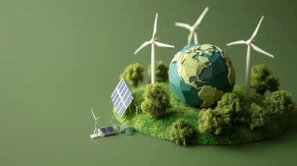 Poster - Globe showcased with icons of alternative energy such as wind and solar power against a fresh green backdrop. Close-up photo with clean background