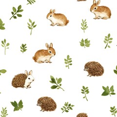 Wall Mural - Cute Watercolor Seamless Pattern with Rabbits, Hedgehogs and Leaves