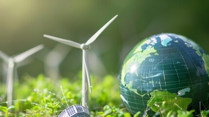 Poster - Globe showcased with icons of alternative energy such as wind and solar power against a fresh green backdrop. Close-up photo with clean background