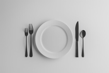 Poster - A white plate with utensils: fork, knife, and spoon