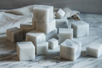 Aufkleber - A stack of colorful sugar cubes resting on a smooth, white marble surface