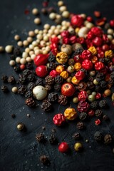 Poster - A variety of colorful peppercorns arranged on a dark background, great for food or spice-related concepts