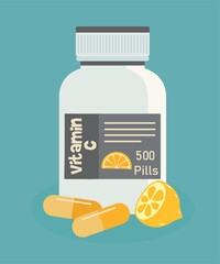 Wall Mural - Illustration with Vitamin C Pills at Bottle and Lemon