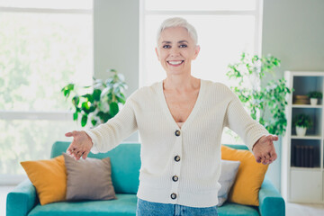 Poster - Photo of adorable positive woman inviting buy own new cozy home flat buy real estate agency