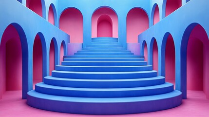 A vibrant architectural design featuring blue stairs and pink arches, creating a modern, artistic space for creative photography.