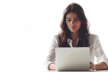 A woman sits at a desk with a laptop, focused on her work