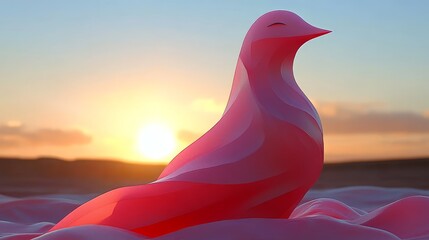 A vibrant pink sculpture of a bird against a stunning sunset, showcasing modern art and nature's beauty in harmony.