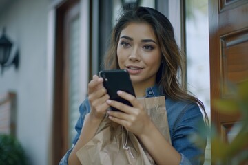 Poster - A woman holds her cell phone and looks down at the screen