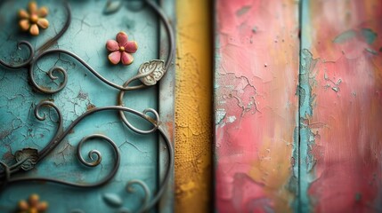 Iron gate with intricate, elaborate designs and a patina finish, close view of details.