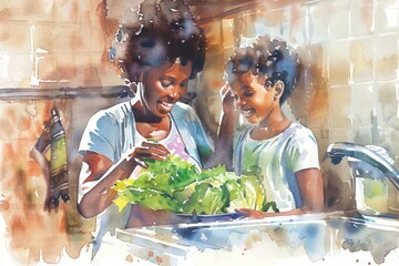 Poster - Two women standing in a modern kitchen, surrounded by appliances and utensils