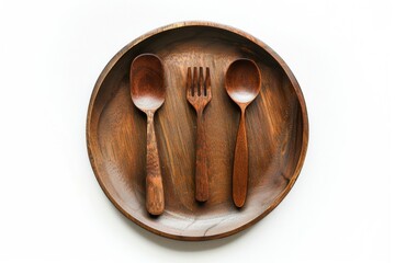 Poster - A set of wooden utensils including three spoons and one fork, placed on a plate