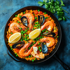 Wall Mural - Classic Spanish dish, seafood paella in traditional frying pan. Spanish paella with shrimps, clams, mussels, green peas and fresh lemon wedges on top