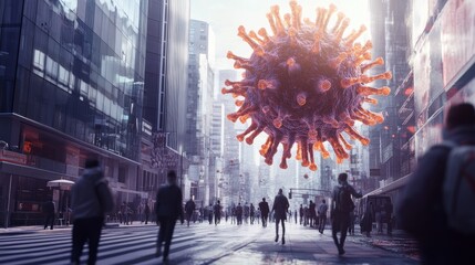 Poster - Huge monkeypox virus hovering over a city street with pedestrians walking by. Concept of viral outbreak in an urban environment.