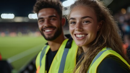 Joyful young volunteers at nighttime sports event in high-visibility vests