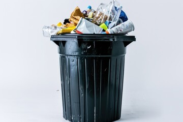 Poster - A black trash can filled with various types of household waste on a clean white background