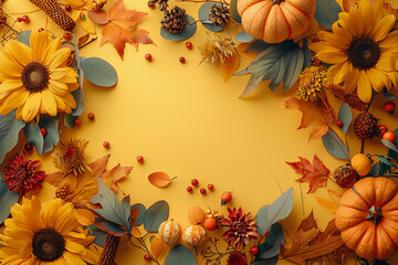 Wall Mural - pumpkins, autumn leaves, berries, and pine cones on a dark background