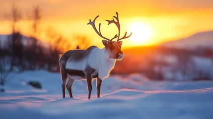 Canvas Print - Reindeer in a Snowy Landscape at Sunset